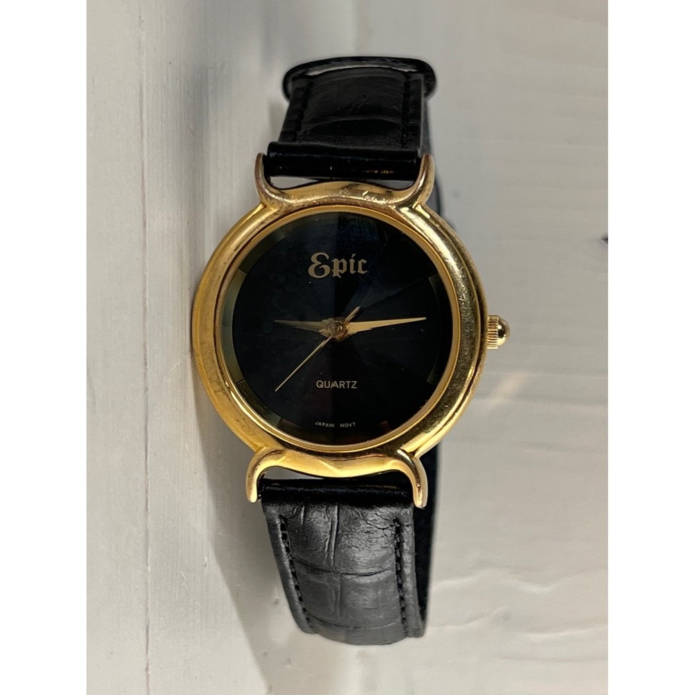 Womens Epic Diamond Glass Watch Gold Black Leather Wristband Watches